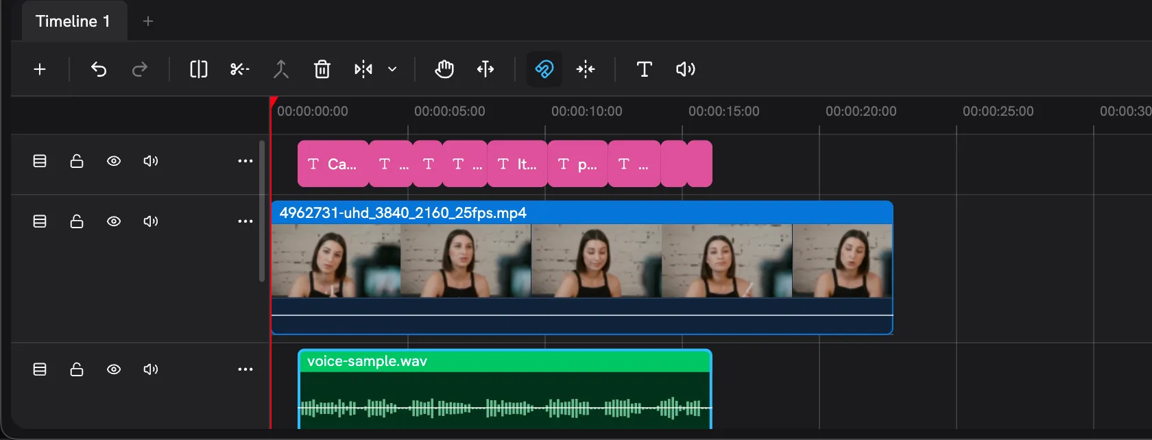 A linha do tempo com uma faixa de legendas geradas acima do vídeo e do clipe de voz