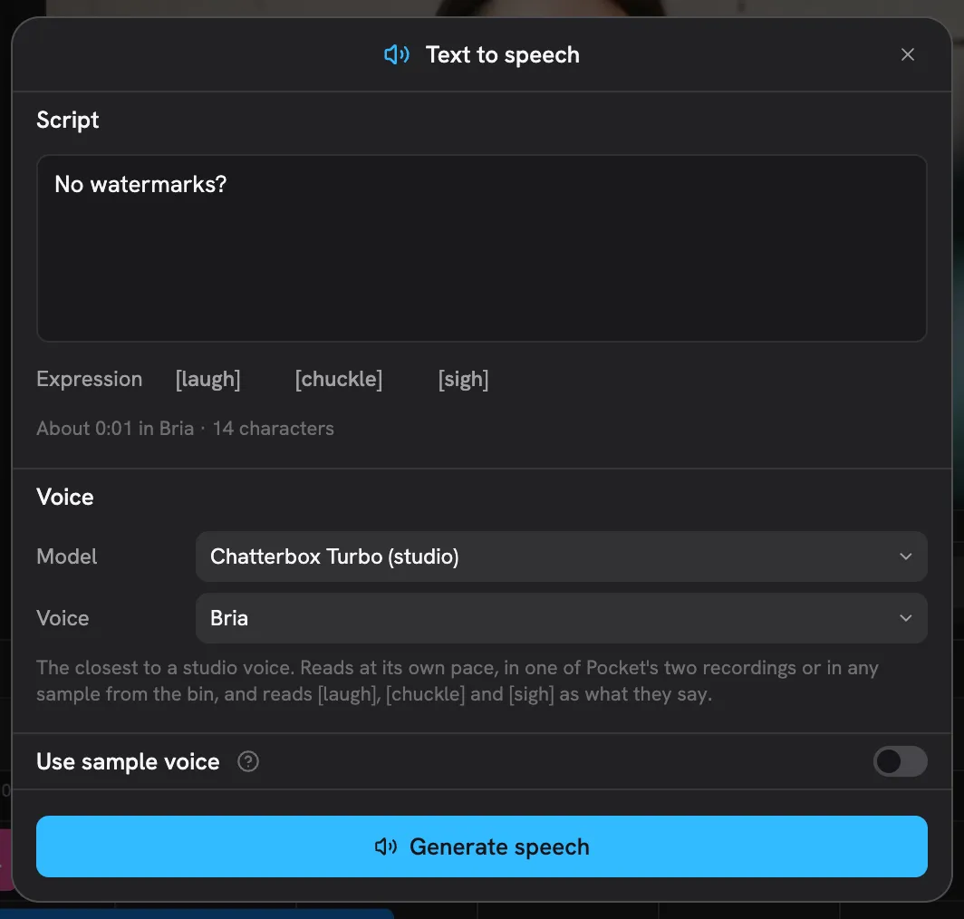 O painel de texto para voz, com roteiro, seletor de modelo e de voz e o botão de gerar fala